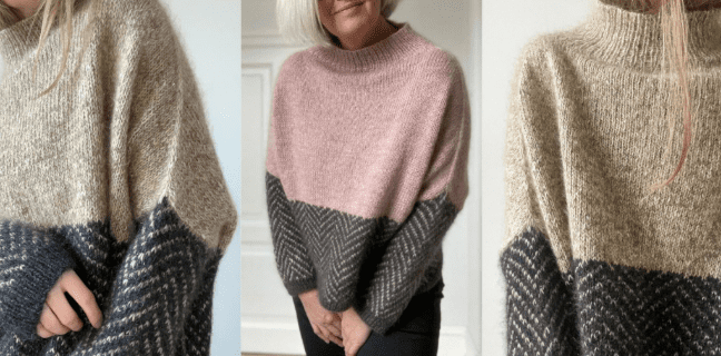 [Вяжи.ру, Aegyo knit] Свитер со спущенным плечом и жаккардовым узором елочкой Jeol (2024)